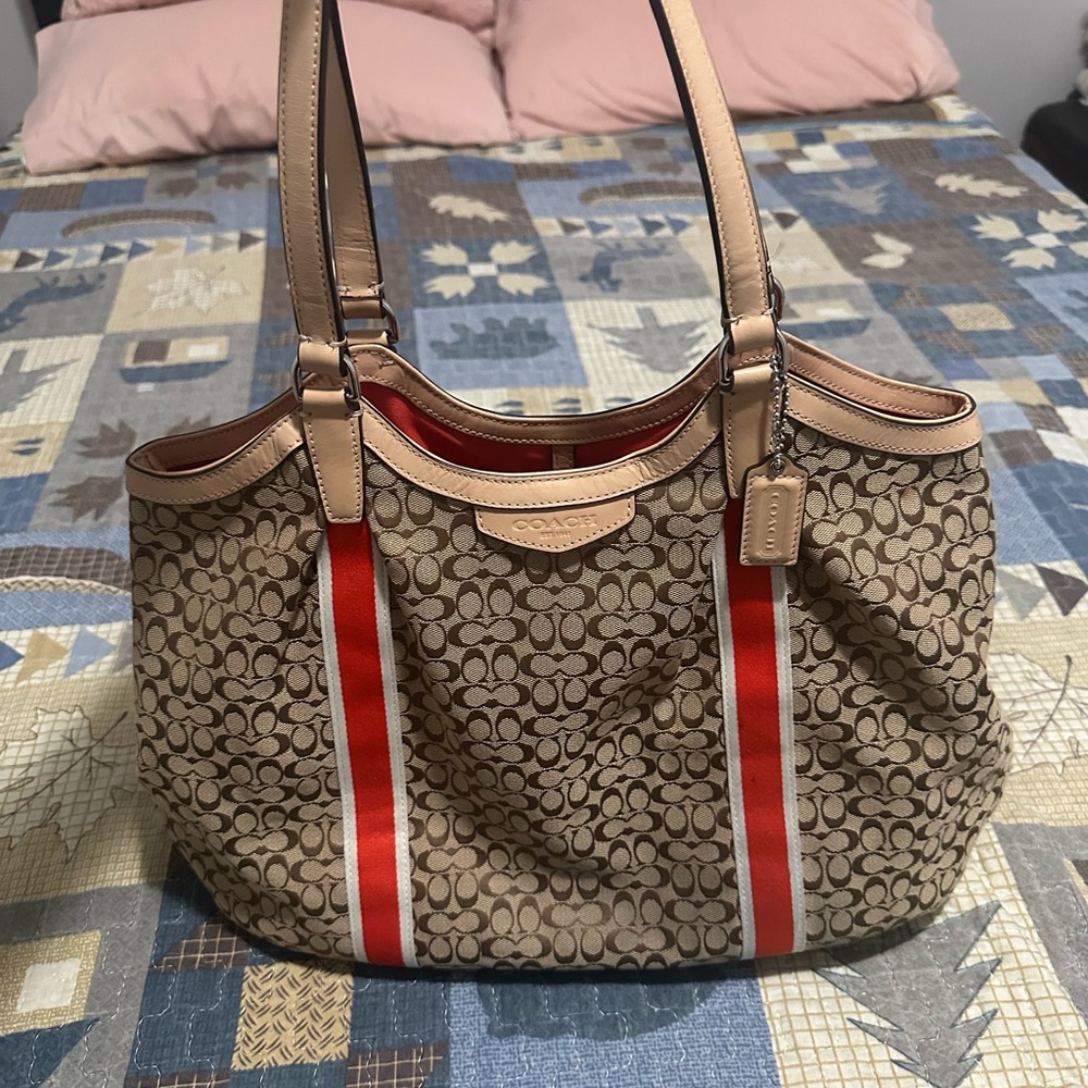 Coach Brown and Red Signature Shoulder Bag